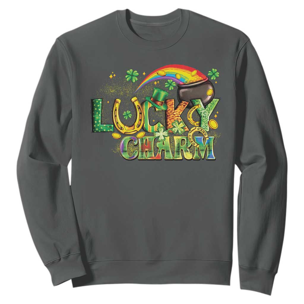 Funny St Patrick's Day Lucky Charm Sweatshirt Rainbow Gold Pot Clover TS11 Dark Heather Print Your Wear