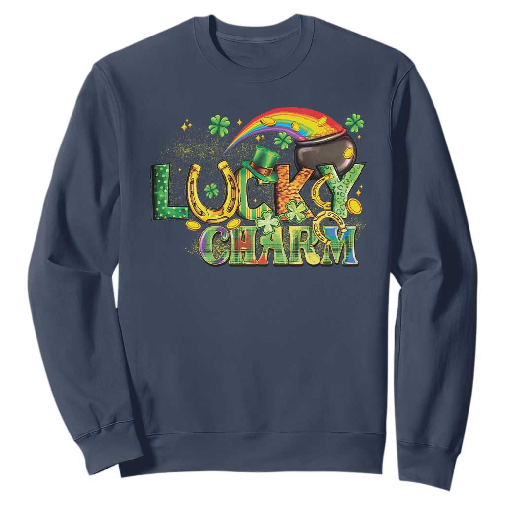 Funny St Patrick's Day Lucky Charm Sweatshirt Rainbow Gold Pot Clover TS11 Navy Print Your Wear