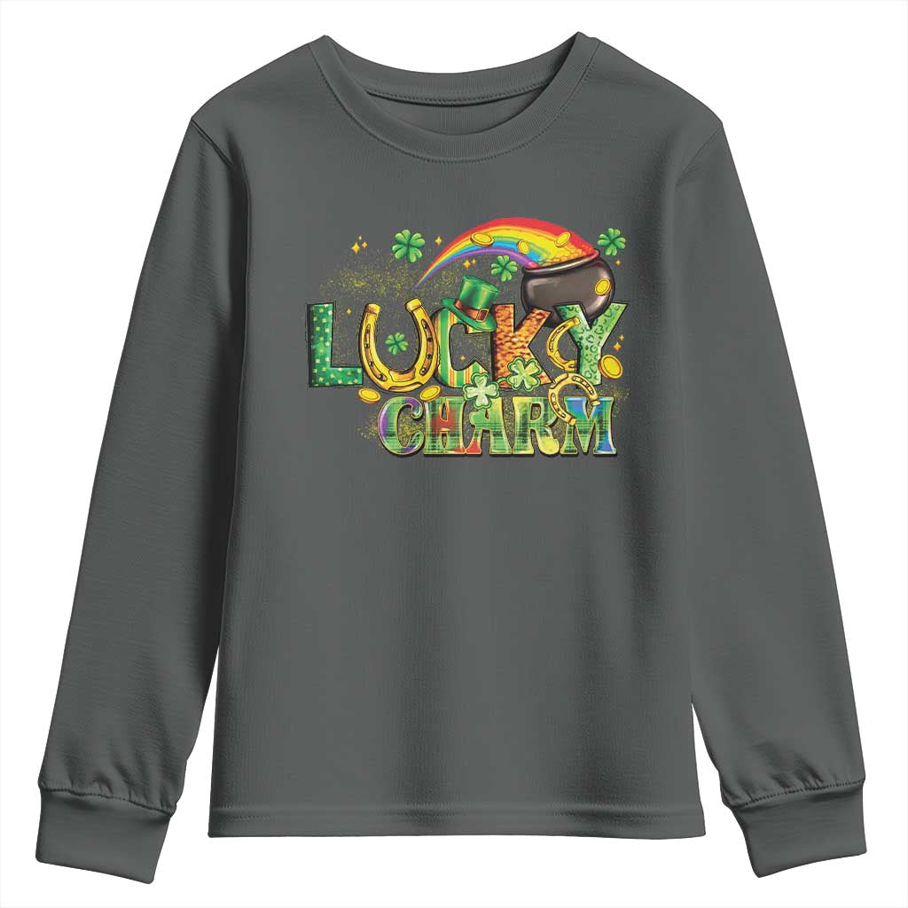 Funny St Patrick's Day Lucky Charm Youth Sweatshirt Rainbow Gold Pot Clover TS11 Dark Heather Print Your Wear