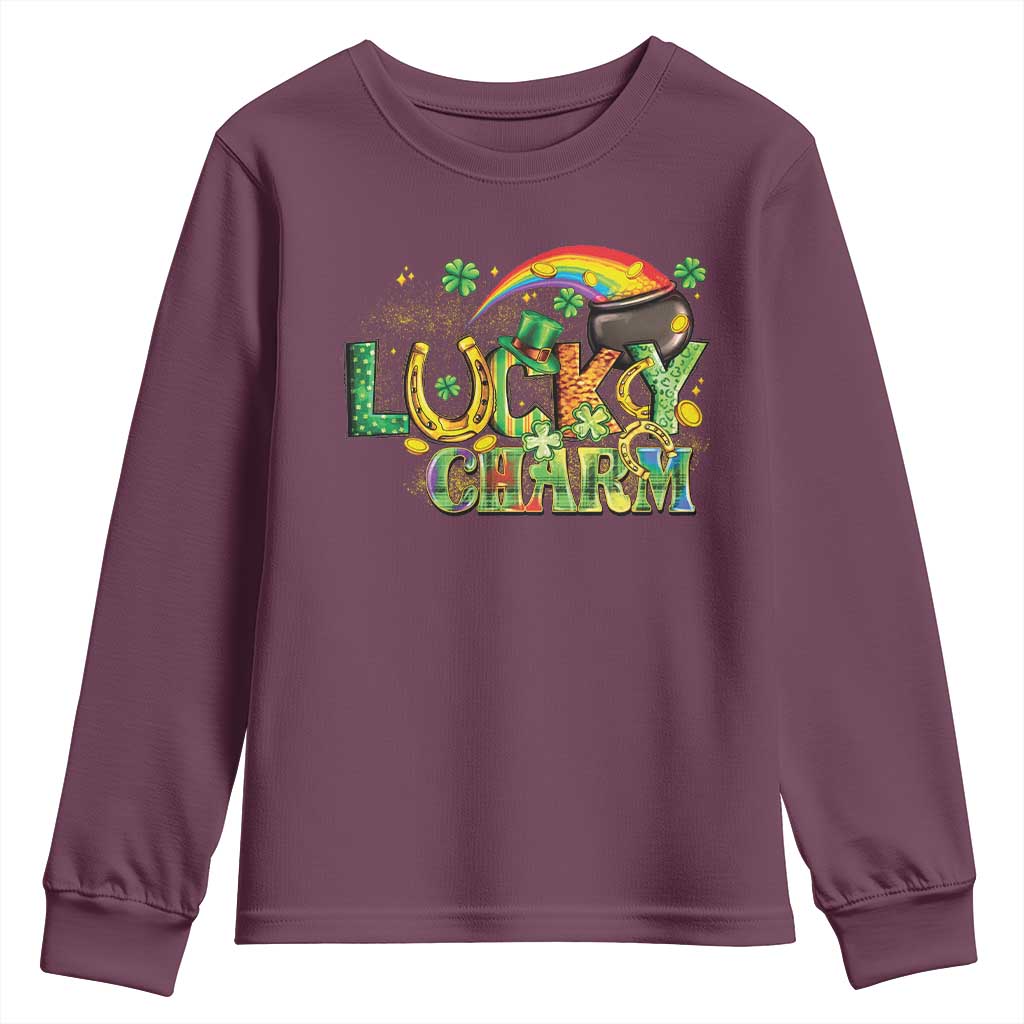 Funny St Patrick's Day Lucky Charm Youth Sweatshirt Rainbow Gold Pot Clover TS11 Maroon Print Your Wear