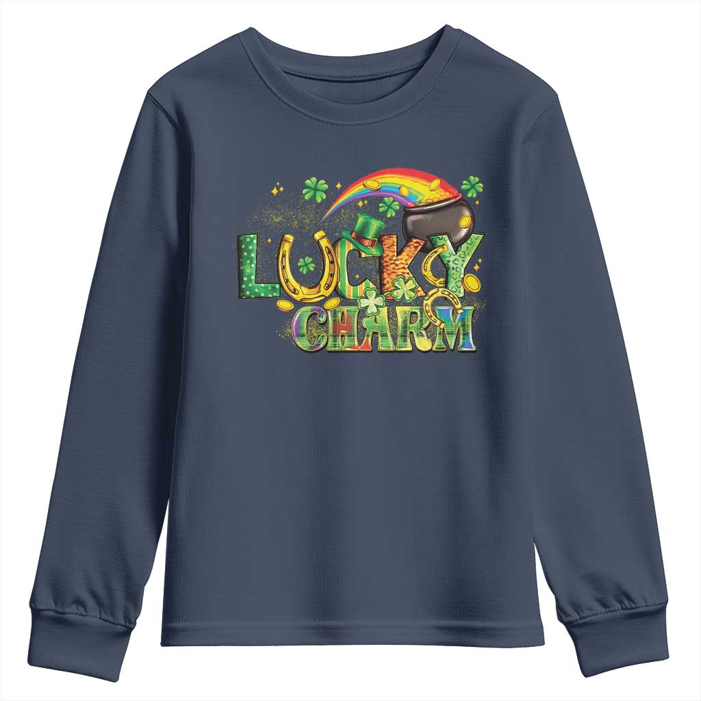 Funny St Patrick's Day Lucky Charm Youth Sweatshirt Rainbow Gold Pot Clover TS11 Navy Print Your Wear
