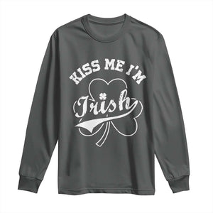 Funny Kiss Me I'm Irish St Patricks Day Long Sleeve Shirt Vintage Shamrock TS11 Dark Heather Print Your Wear