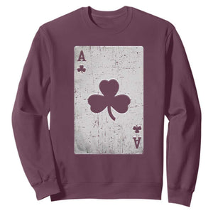 Funny St Patrick's Day Shamrock Clubs Poker Card Sweatshirt TS11 Maroon Print Your Wear