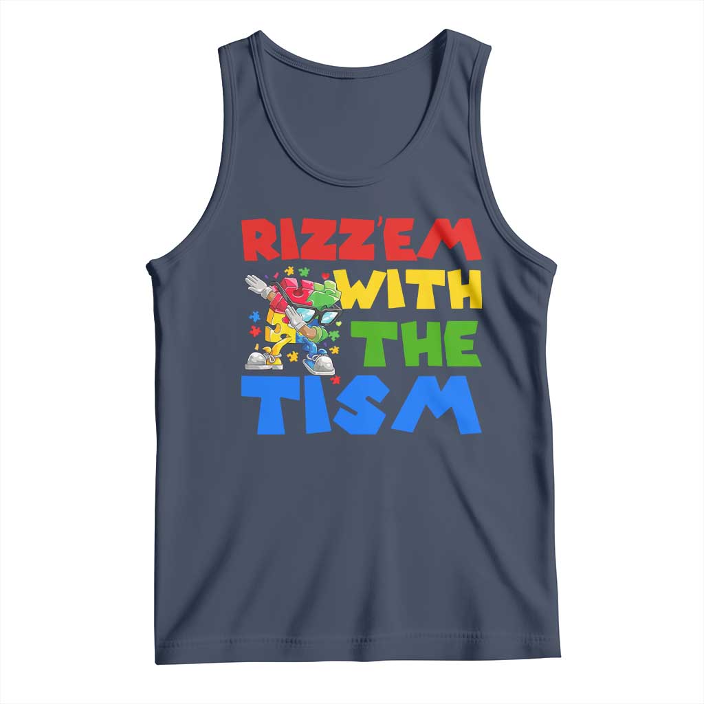 Funny Rizz Em With The Tism Tank Top Autism Awareness Dabbing Puzzle TS11 Navy Print Your Wear