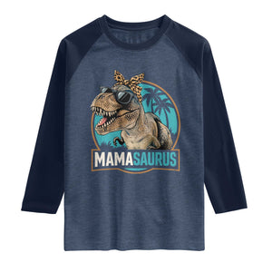 Mamasaurus Funny Dinosaur Mama Raglan Shirt Mothers Day Family Matching TS11 Heather Denim Navy Print Your Wear