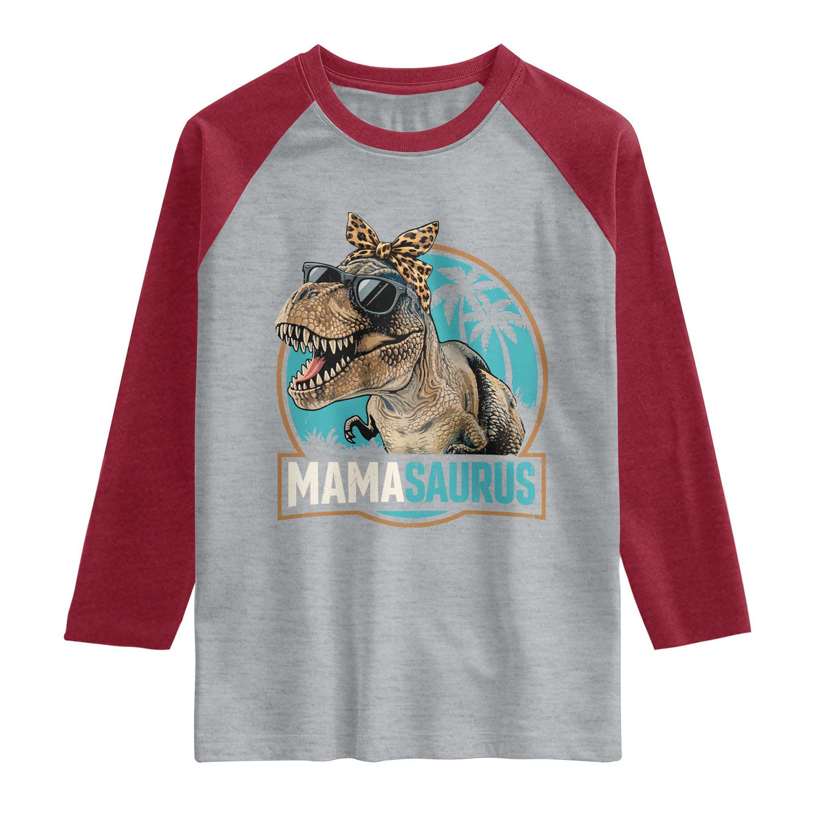 Mamasaurus Funny Dinosaur Mama Raglan Shirt Mothers Day Family Matching TS11 Heather Gray Heather Red Print Your Wear