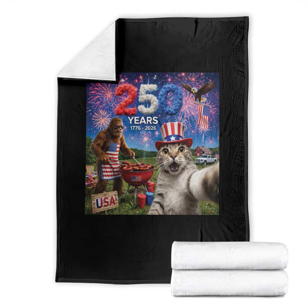 Cat Selfie with Bigfoot USA 250 Years Throw Blanket Funny 4th Of July Cat Graphic TS11 Black Print Your Wear