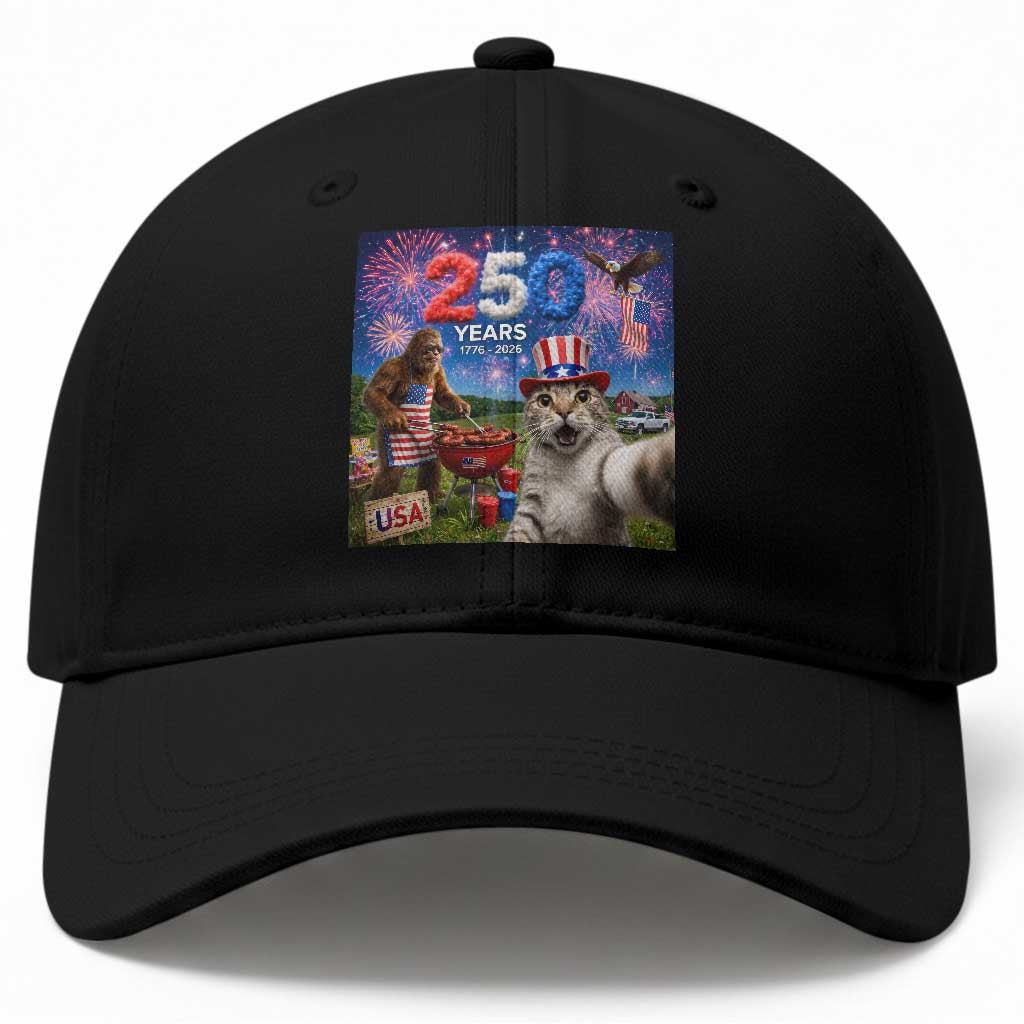 Cat Selfie with Bigfoot USA 250 Years Baseball Cap Funny 4th Of July Cat Graphic TS11 Print Your Wear