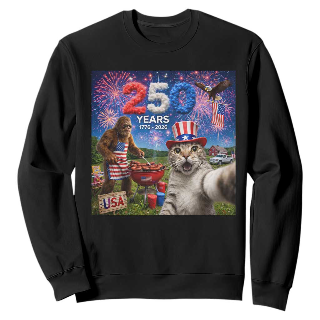 Cat Selfie with Bigfoot USA 250 Years Sweatshirt Funny 4th Of July Cat Graphic TS11 Black Print Your Wear