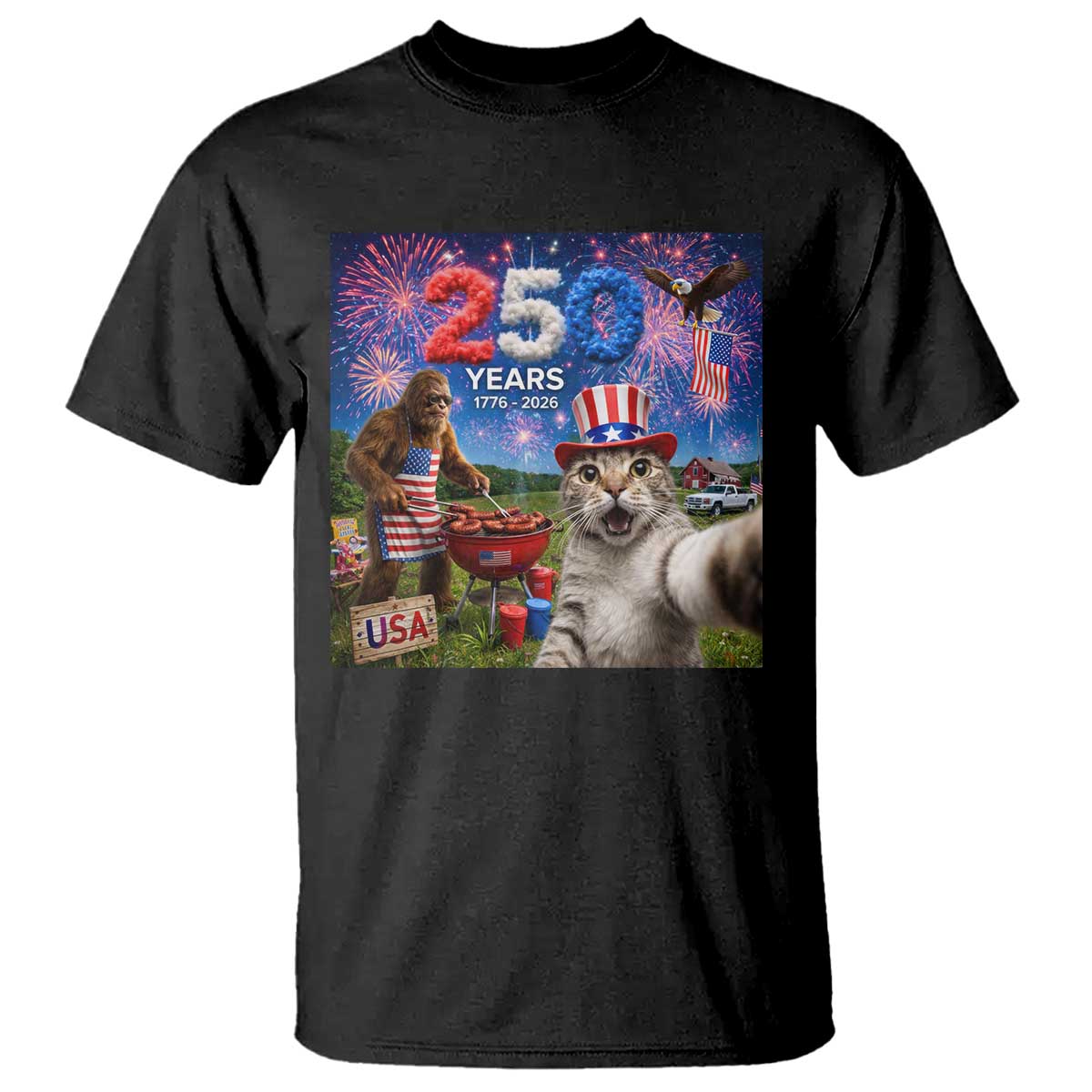 Cat Selfie with Bigfoot USA 250 Years T Shirt Funny 4th Of July Cat Graphic TS11 Black Print Your Wear