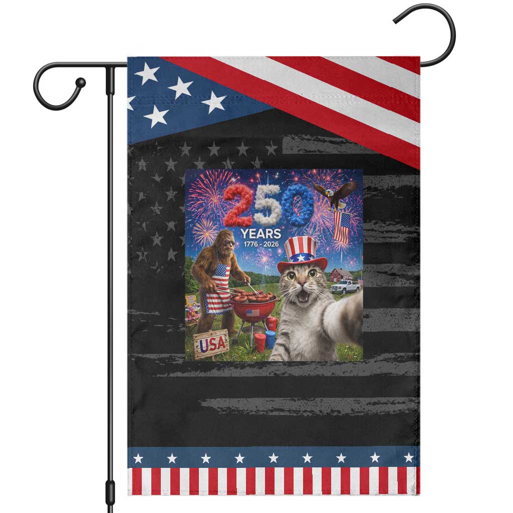 Cat Selfie with Bigfoot USA 250 Years Patriotic Garden Flag Funny 4th Of July Cat Graphic TS11 Distressed Black Blue Print Your Wear