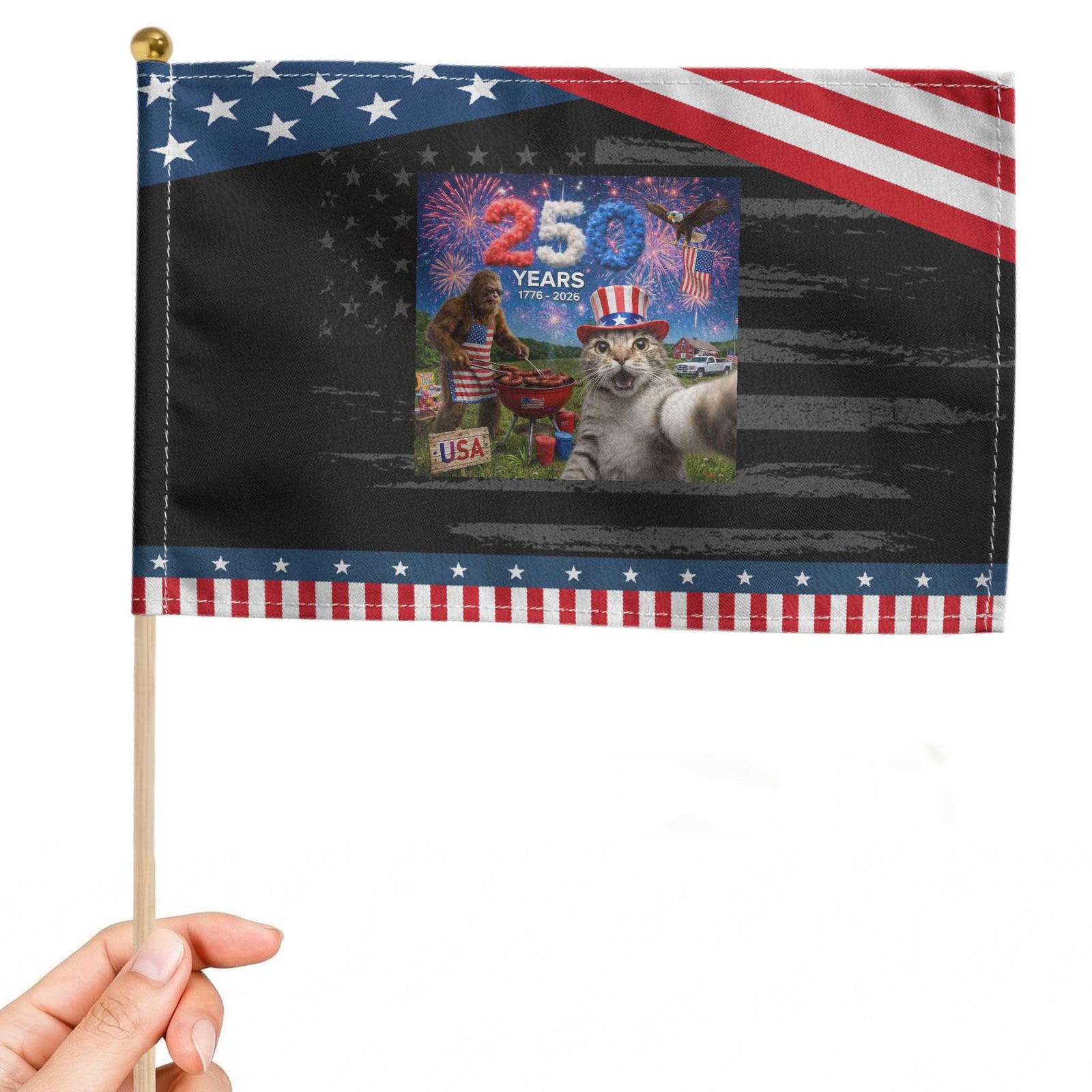 Cat Selfie with Bigfoot USA 250 Years Patriotic Handheld Flag Funny 4th Of July Cat Graphic TS11 Distressed 8.2