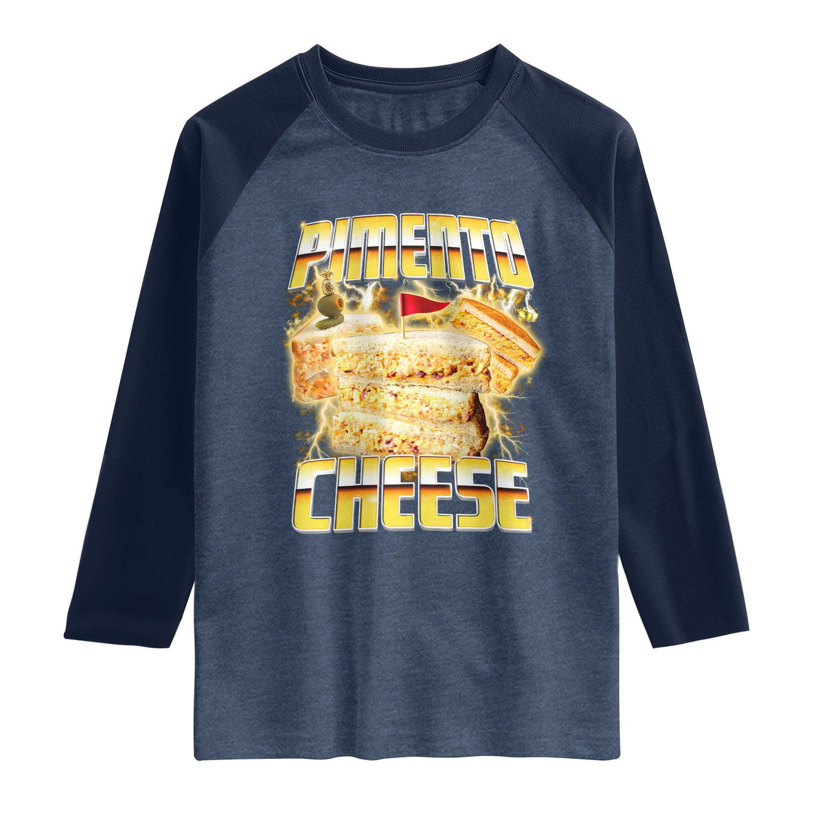 Pimento Cheese Raglan Shirt Funny Cheesemonger Cheese Lovers Bootleg Art TS11 Heather Denim Navy Print Your Wear