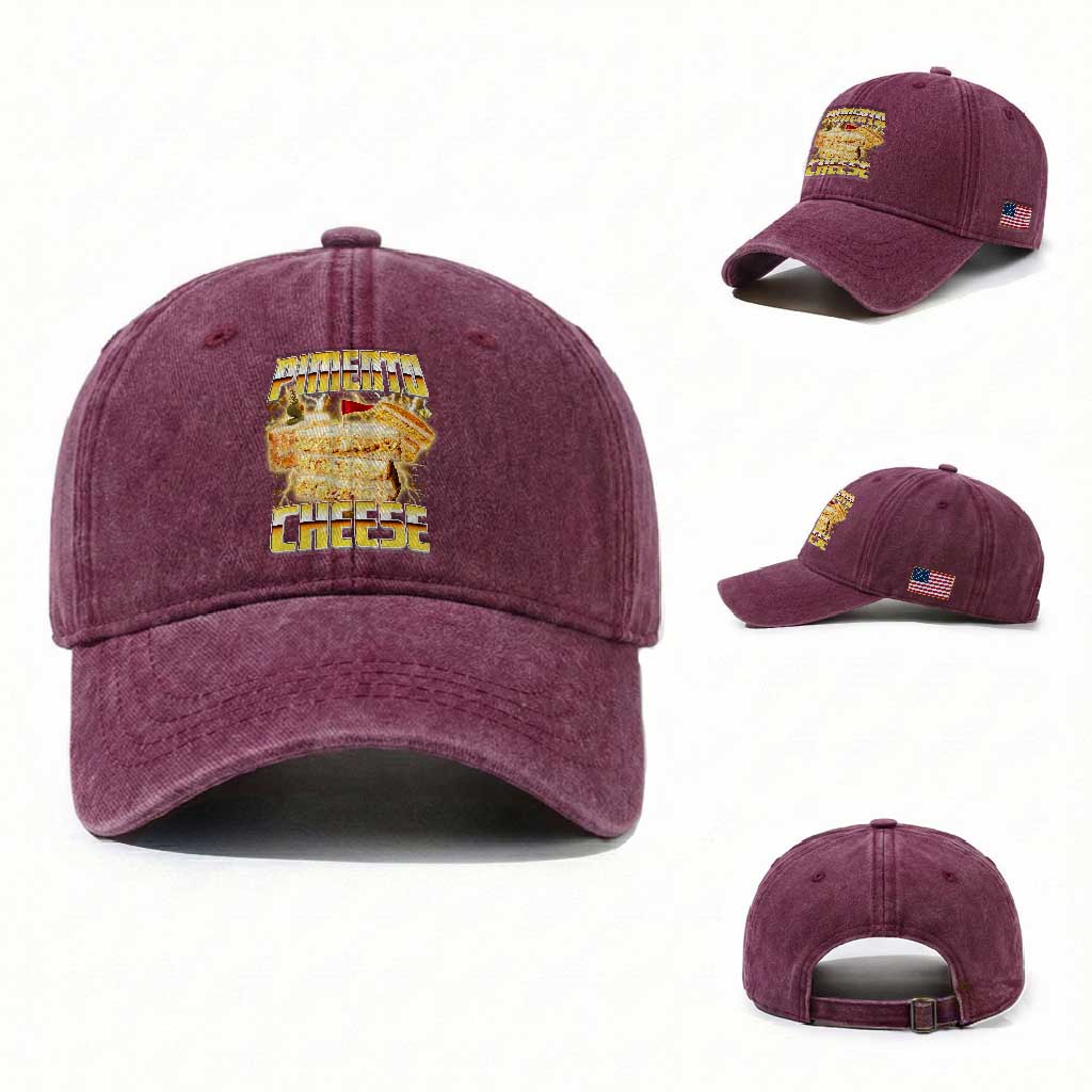 Pimento Cheese Washed Cotton Baseball Cap Funny Cheesemonger Cheese Lovers Bootleg Art TS11 Washed Cap Universal Fit Burgundy Print Your Wear