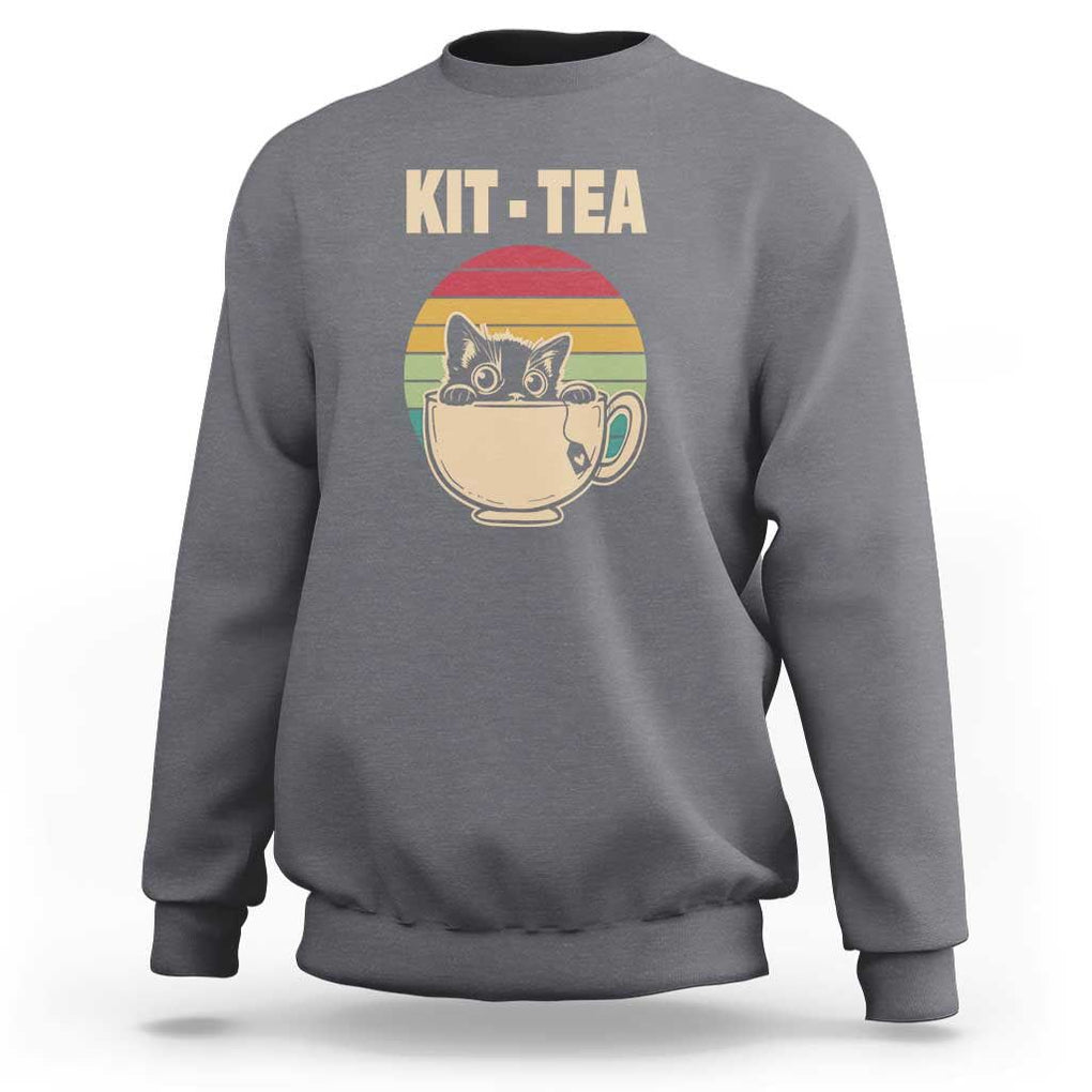 Funny Kitten Sweatshirt Kit Tea Pun Cute Black Cat Retro Tea Cup TS11 Charcoal Print Your Wear