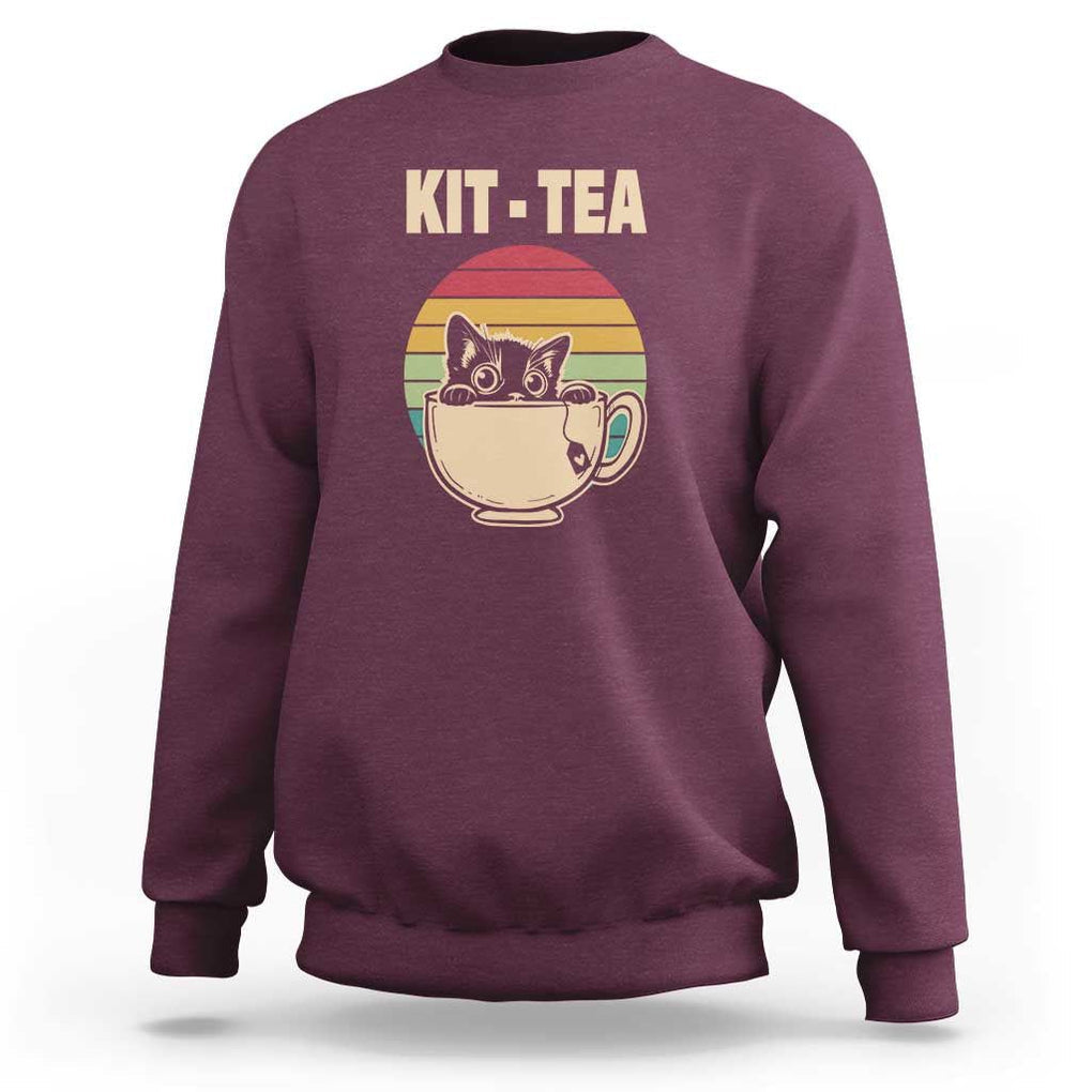 Funny Kitten Sweatshirt Kit Tea Pun Cute Black Cat Retro Tea Cup TS11 Maroon Print Your Wear