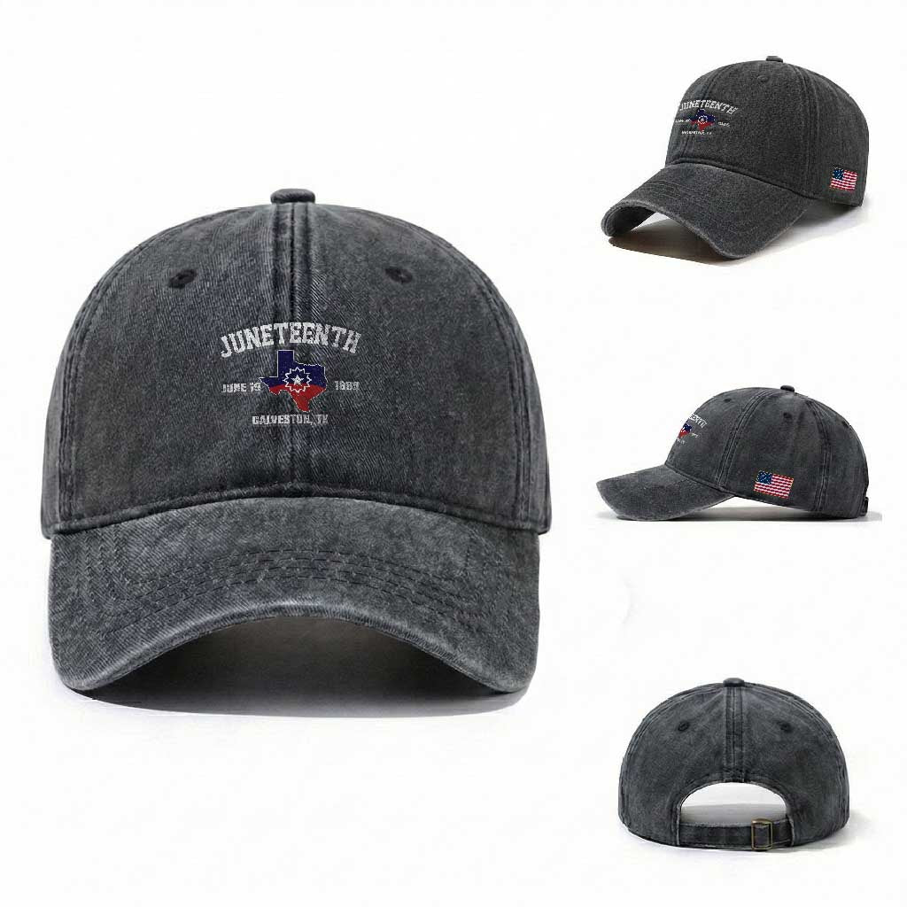 Juneteenth Galveston Texas Washed Cotton Baseball Cap Juneteenth Flag African American History TS11 Washed Cap Universal Fit Dark Gray Print Your Wear