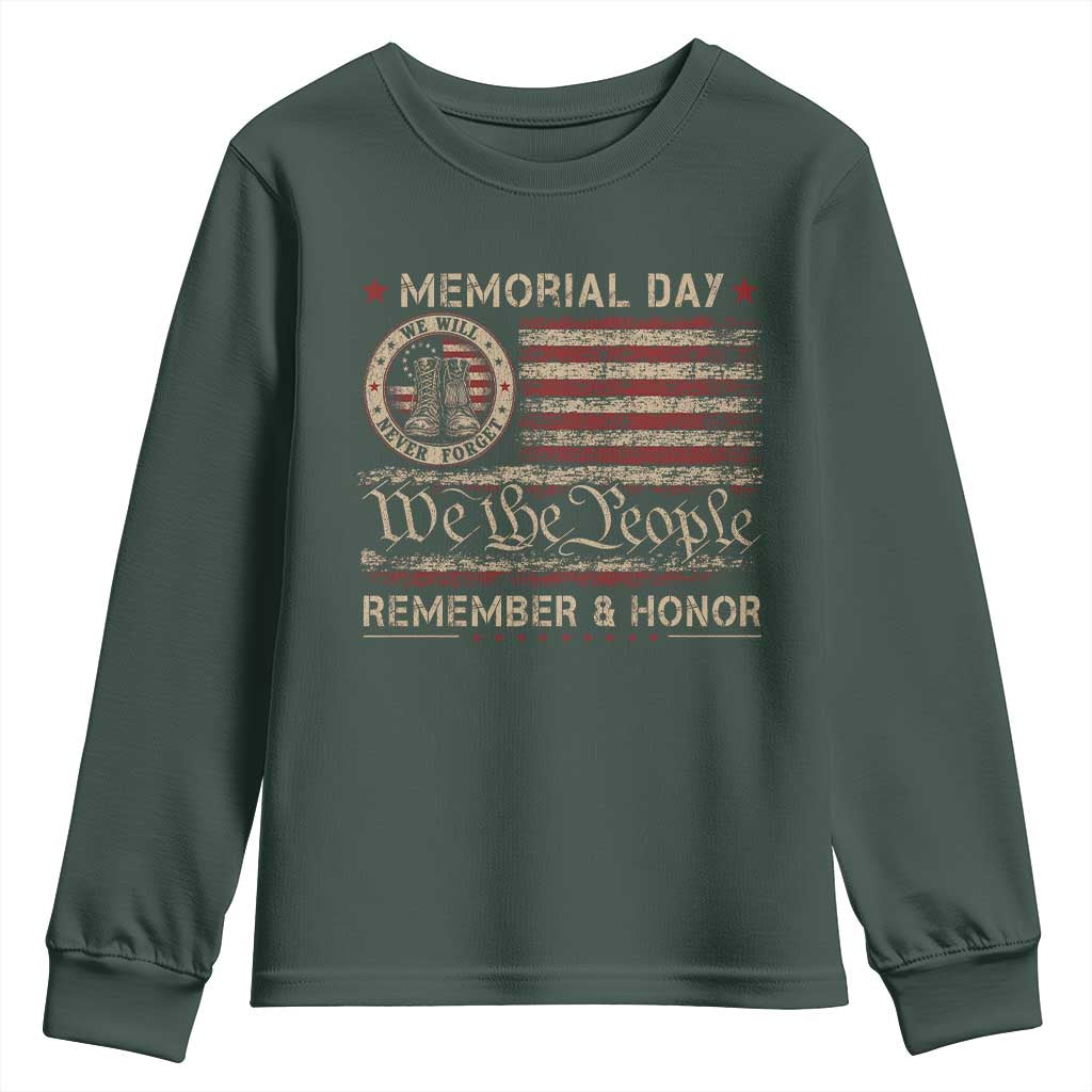 Memorial Day Youth Sweatshirt Remember And Honor Red Poppy Flower Military Veteran TS11 Dark Forest Green Print Your Wear