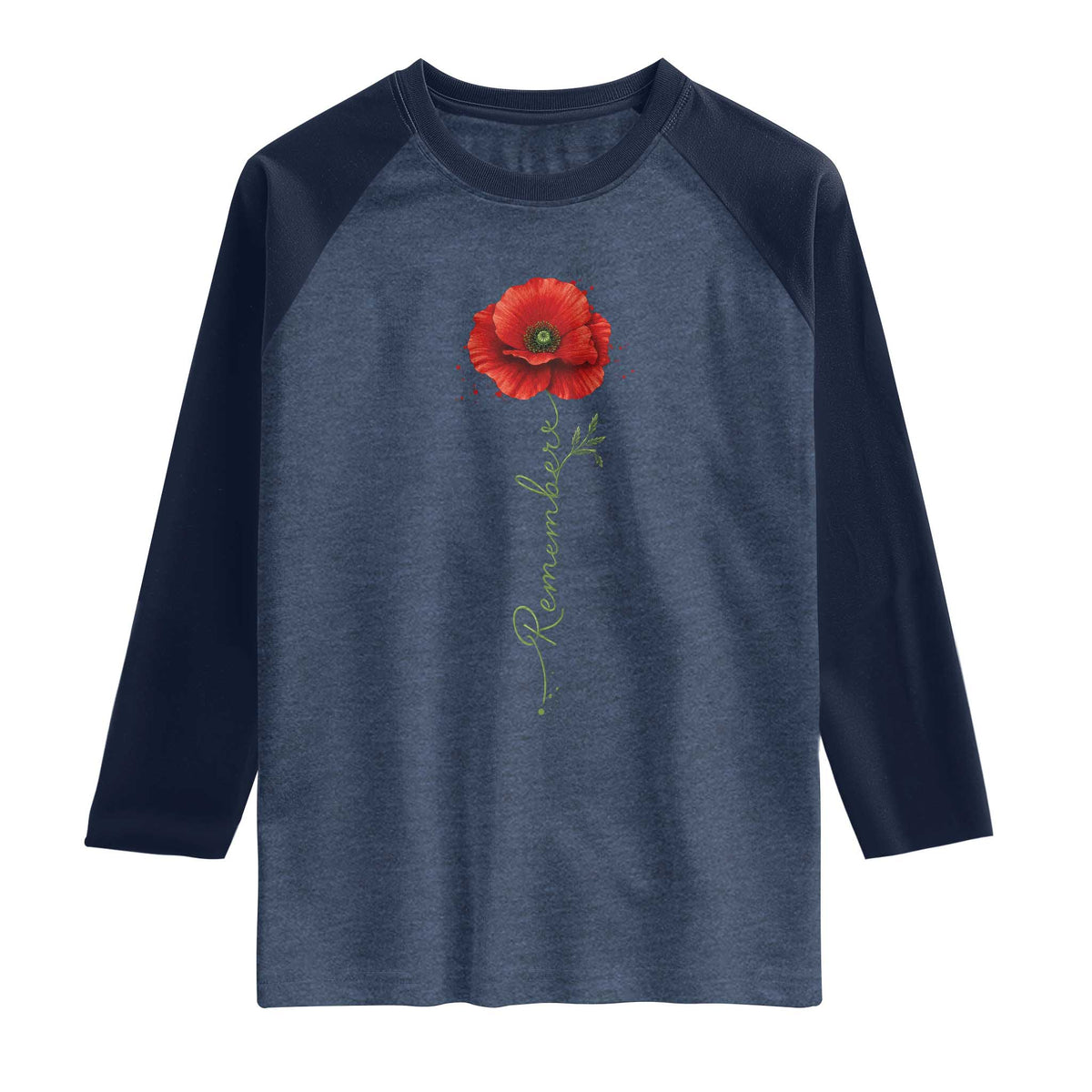 Remember Memorial Day Red Poppy Veteran Military Army Raglan Shirt TS11 Heather Denim Navy Print Your Wear