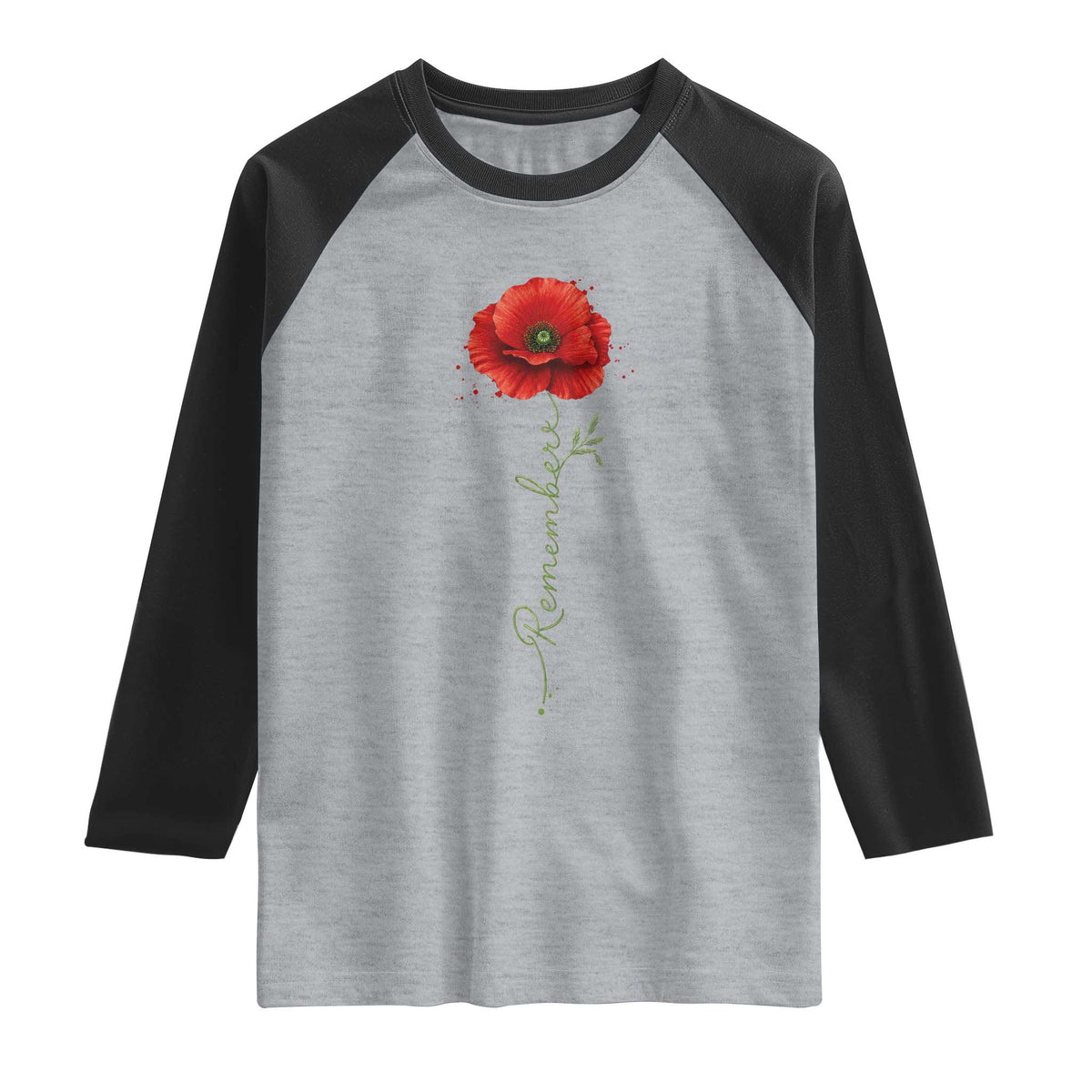 Remember Memorial Day Red Poppy Veteran Military Army Raglan Shirt TS11 Heather Gray Black Print Your Wear
