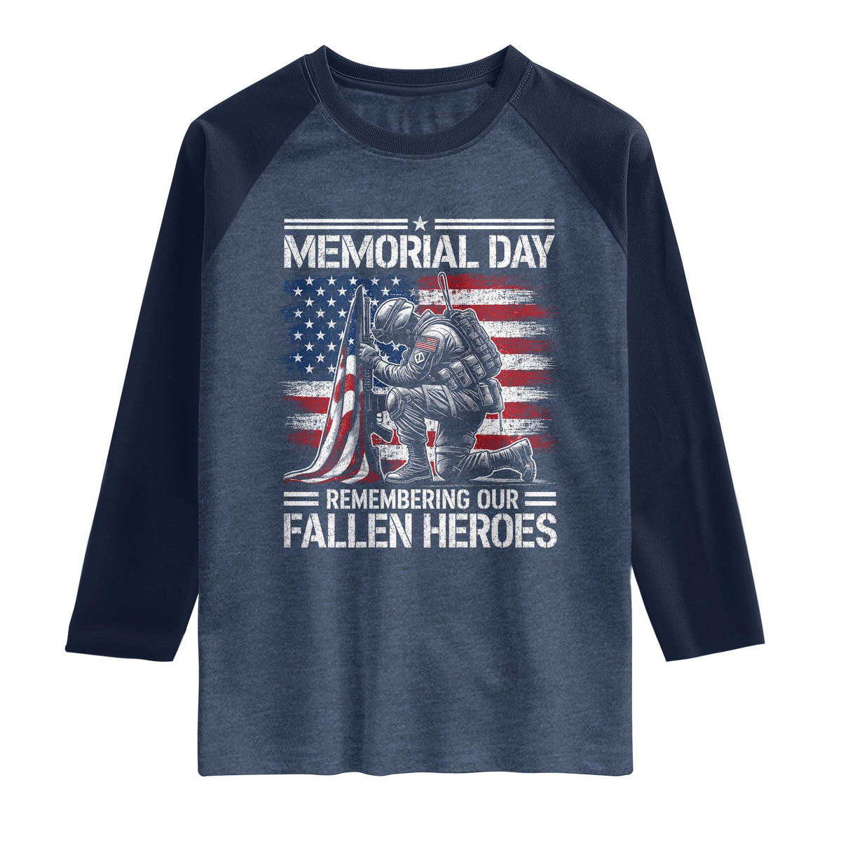 Memorial Day Raglan Shirt Remembering Our Fallen Heroes Veteran Day American Flag TS11 Heather Denim Navy Print Your Wear