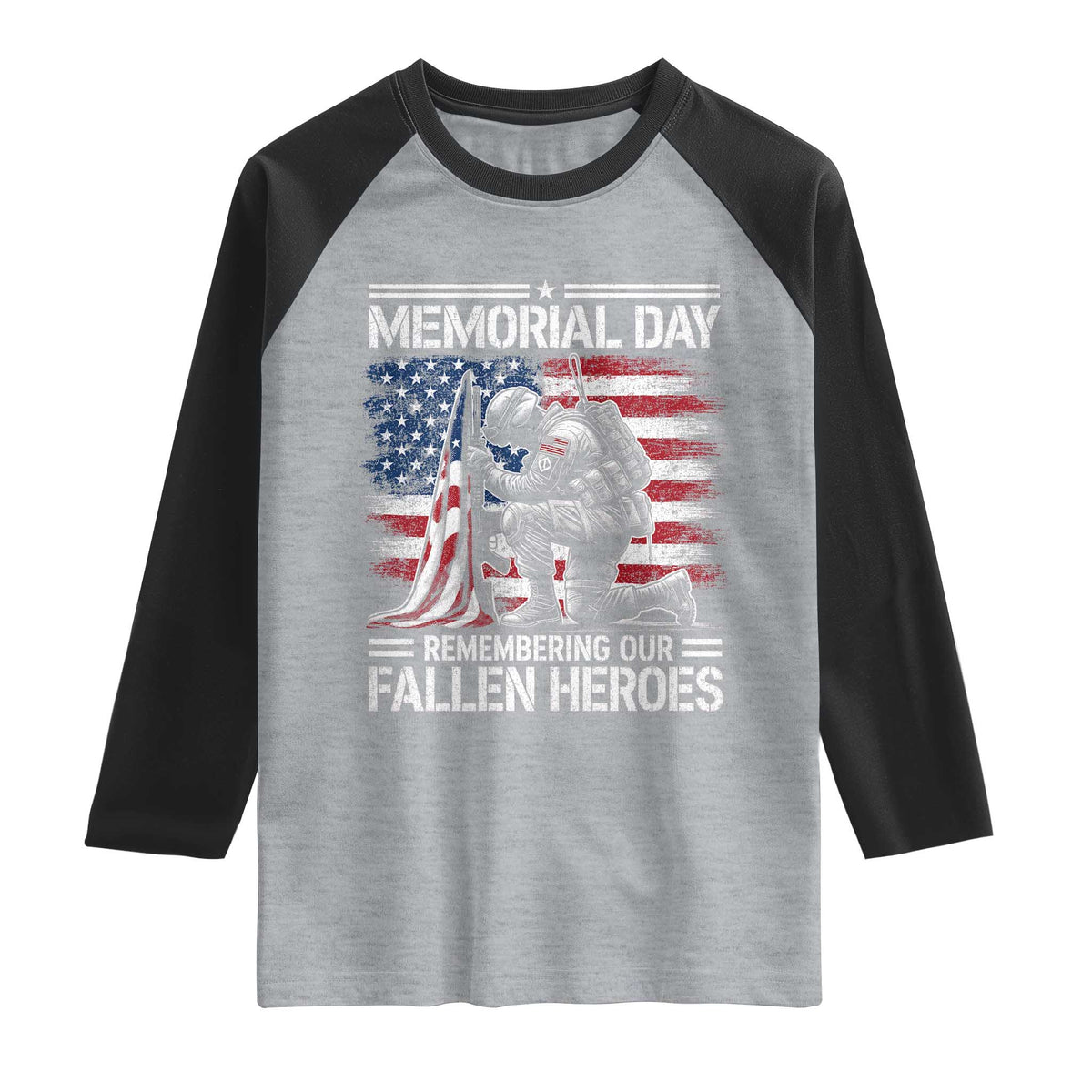 Memorial Day Raglan Shirt Remembering Our Fallen Heroes Veteran Day American Flag TS11 Heather Gray Black Print Your Wear