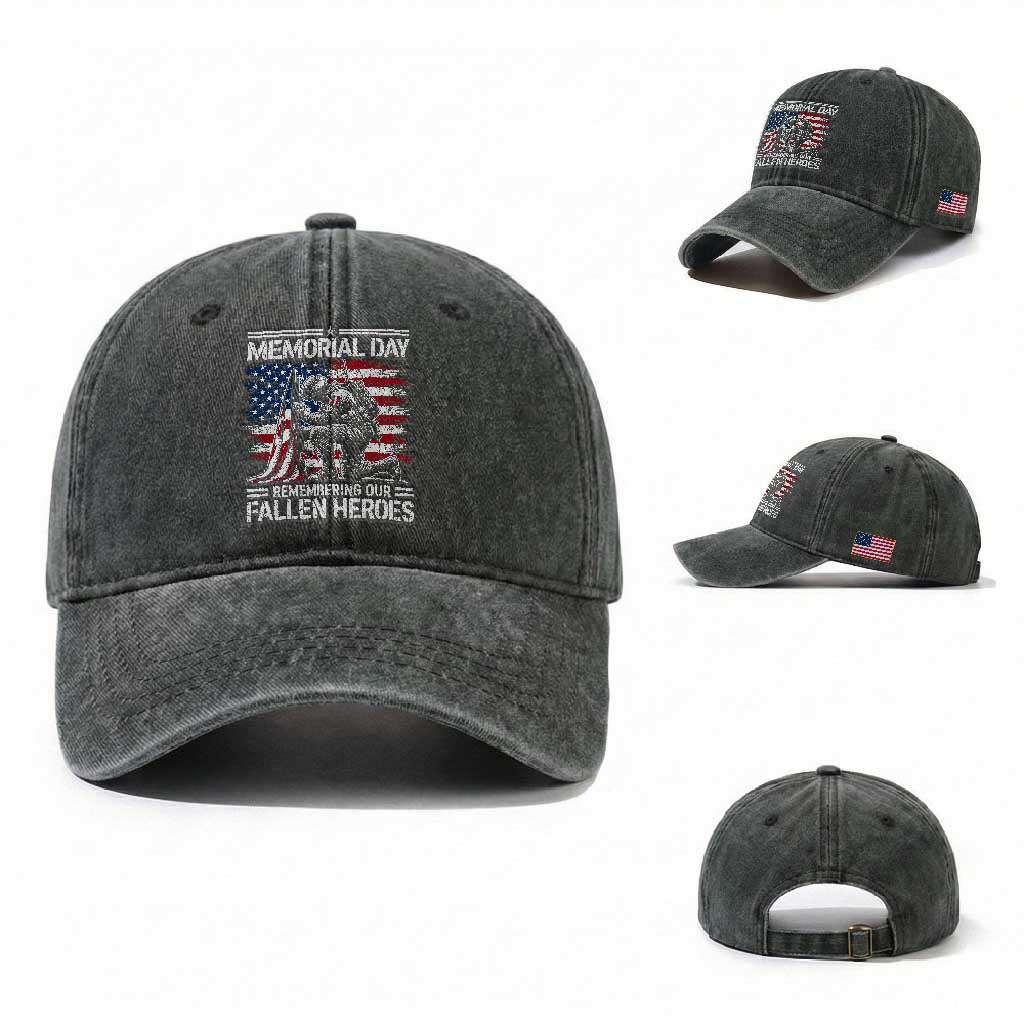 Memorial Day Washed Cotton Baseball Cap Remembering Our Fallen Heroes Veteran Day American Flag TS11 Washed Cap Universal Fit Dark Green Print Your Wear
