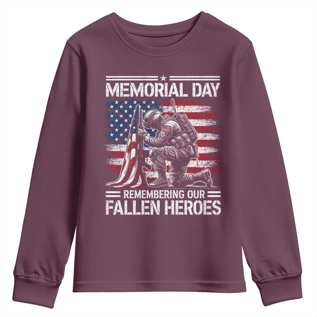 Memorial Day Youth Sweatshirt Remembering Our Fallen Heroes Veteran Day American Flag TS11 Maroon Print Your Wear