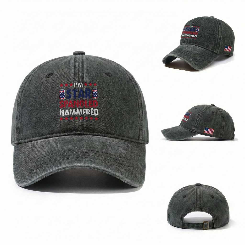 Funny 4th Of July Beer Drinking Lover Washed Cotton Baseball Cap I'm Star Spangled Hammered TS11 Washed Cap Universal Fit Dark Green Print Your Wear