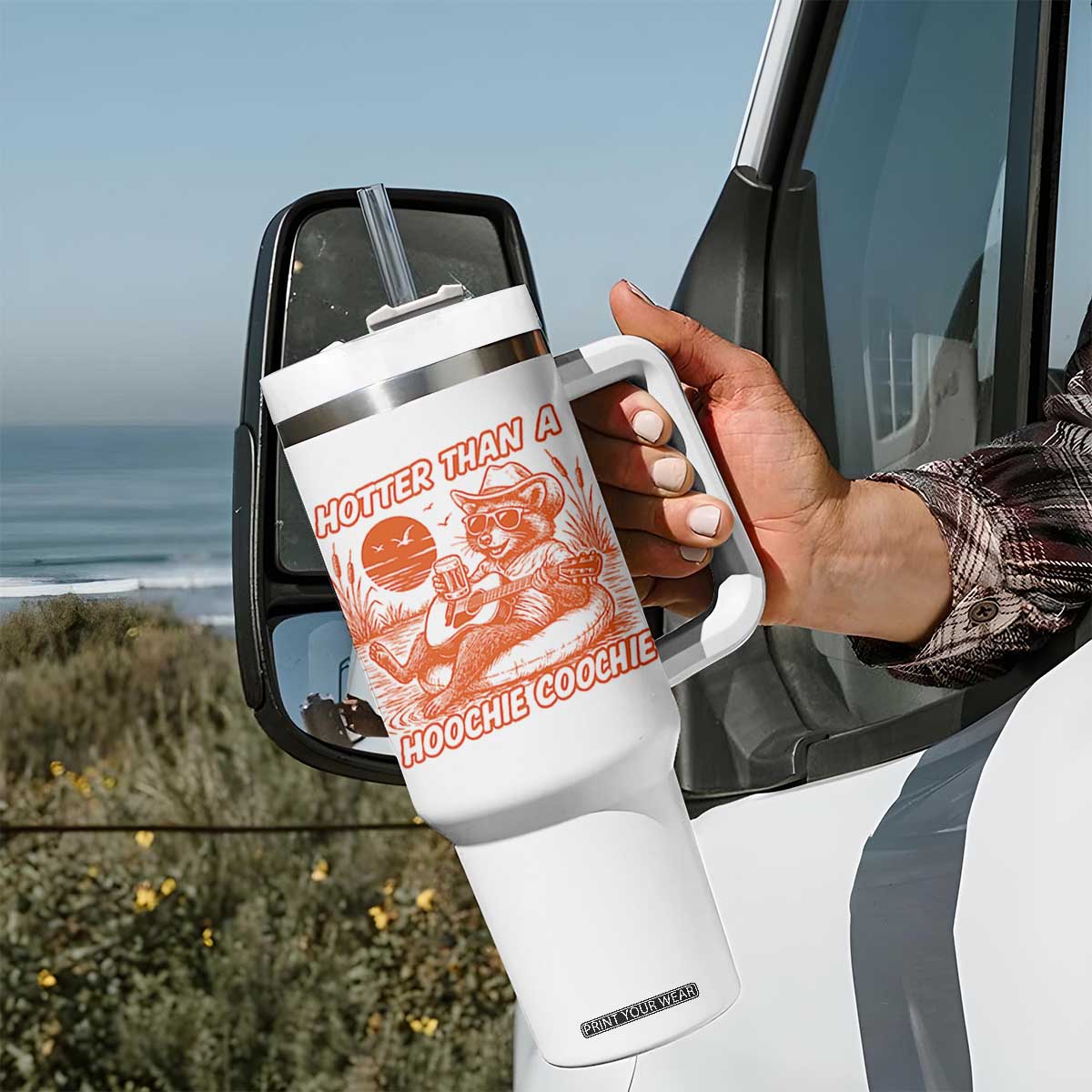 Funny Hotter Than A Hoochie Coochie Tumbler With Handle Summer Racoon Music TS11 Print Your Wear