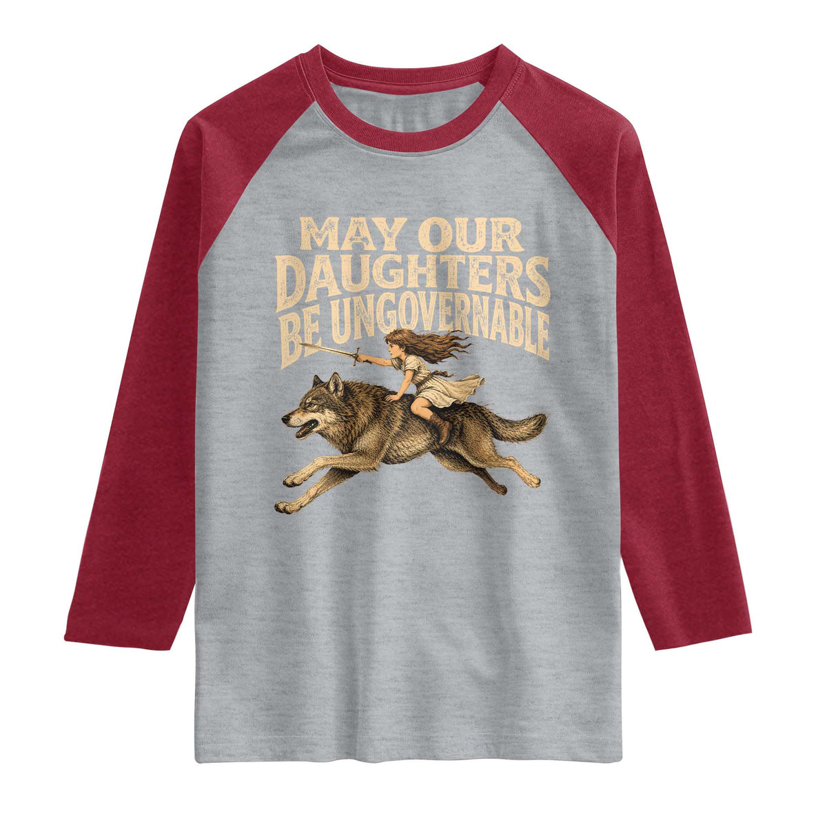 May Our Daughters Be Ungovernable Feminist Girl Raglan Shirt TS11 Heather Gray Heather Red Print Your Wear