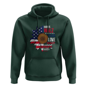 Harris Walz Supporter Hoodie Peace Love Equality Hope Diversity Sunflower USA Flag TS11 Dark Forest Green Print Your Wear