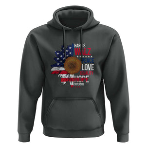 Harris Walz Supporter Hoodie Peace Love Equality Hope Diversity Sunflower USA Flag TS11 Dark Heather Print Your Wear