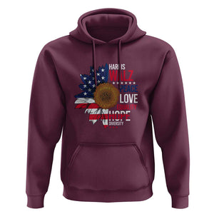 Harris Walz Supporter Hoodie Peace Love Equality Hope Diversity Sunflower USA Flag TS11 Maroon Print Your Wear