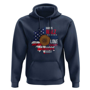 Harris Walz Supporter Hoodie Peace Love Equality Hope Diversity Sunflower USA Flag TS11 Navy Print Your Wear