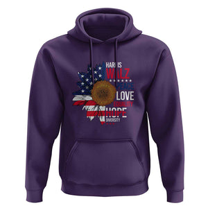 Harris Walz Supporter Hoodie Peace Love Equality Hope Diversity Sunflower USA Flag TS11 Purple Print Your Wear