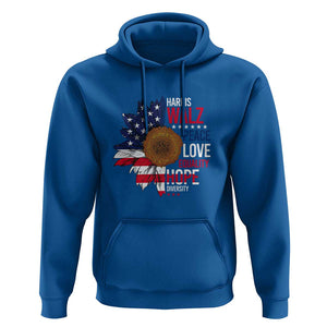 Harris Walz Supporter Hoodie Peace Love Equality Hope Diversity Sunflower USA Flag TS11 Royal Blue Print Your Wear