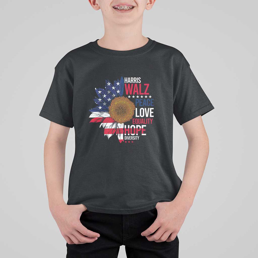 Harris Walz Supporter T Shirt For Kid Peace Love Equality Hope Diversity Sunflower USA Flag TS11 Black Print Your Wear