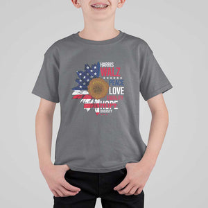 Harris Walz Supporter T Shirt For Kid Peace Love Equality Hope Diversity Sunflower USA Flag TS11 Charcoal Print Your Wear