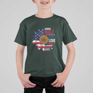 Harris Walz Supporter T Shirt For Kid Peace Love Equality Hope Diversity Sunflower USA Flag TS11 Dark Forest Green Print Your Wear