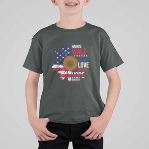 Harris Walz Supporter T Shirt For Kid Peace Love Equality Hope Diversity Sunflower USA Flag TS11 Dark Heather Print Your Wear