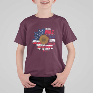 Harris Walz Supporter T Shirt For Kid Peace Love Equality Hope Diversity Sunflower USA Flag TS11 Maroon Print Your Wear