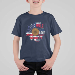 Harris Walz Supporter T Shirt For Kid Peace Love Equality Hope Diversity Sunflower USA Flag TS11 Navy Print Your Wear