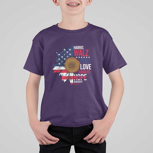 Harris Walz Supporter T Shirt For Kid Peace Love Equality Hope Diversity Sunflower USA Flag TS11 Purple Print Your Wear