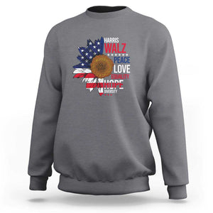 Harris Walz Supporter Sweatshirt Peace Love Equality Hope Diversity Sunflower USA Flag TS11 Charcoal Print Your Wear