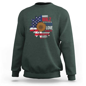 Harris Walz Supporter Sweatshirt Peace Love Equality Hope Diversity Sunflower USA Flag TS11 Dark Forest Green Print Your Wear