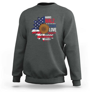 Harris Walz Supporter Sweatshirt Peace Love Equality Hope Diversity Sunflower USA Flag TS11 Dark Heather Print Your Wear