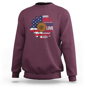 Harris Walz Supporter Sweatshirt Peace Love Equality Hope Diversity Sunflower USA Flag TS11 Maroon Print Your Wear