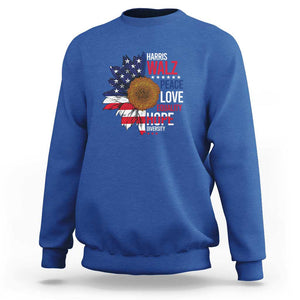 Harris Walz Supporter Sweatshirt Peace Love Equality Hope Diversity Sunflower USA Flag TS11 Royal Blue Print Your Wear