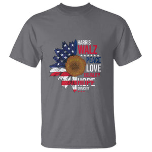 Harris Walz Supporter T Shirt Peace Love Equality Hope Diversity Sunflower USA Flag TS11 Charcoal Print Your Wear